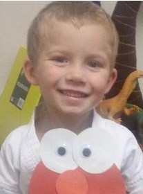 Photo of a small boy with blond hair, smiling for the camera, holding up a construction-paper cut-out Elmo.